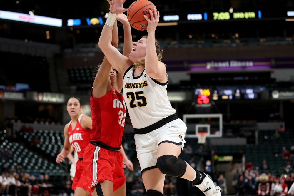 Iowa Hawkeyes forward/center Monika Czinano (25) against Ohio State in the quarterfinals of the Big Ten Basketball Tournament Friday, March 6, 2020 at Bankers Life Fieldhouse in Indianapolis. (Brian Ray/hawkeyesports.com)