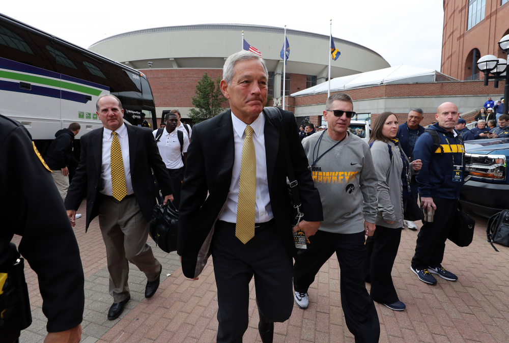 Iowa Hawkeyes head coach Kirk Ferentz arrives for their game against the Michigan Wolverines Saturday, October 5, 2019 at Michigan Stadium in Ann Arbor, MI. (Brian Ray/hawkeyesports.com)
