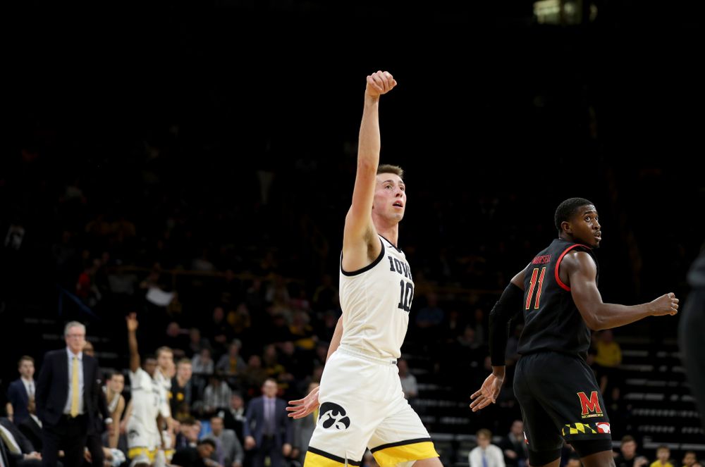 Iowa Hawkeyes guard Joe Wieskamp (10) celebrates a three point basket against the Maryland Terrapins Friday, January 10, 2020 at Carver-Hawkeye Arena. (Brian Ray/hawkeyesports.com)