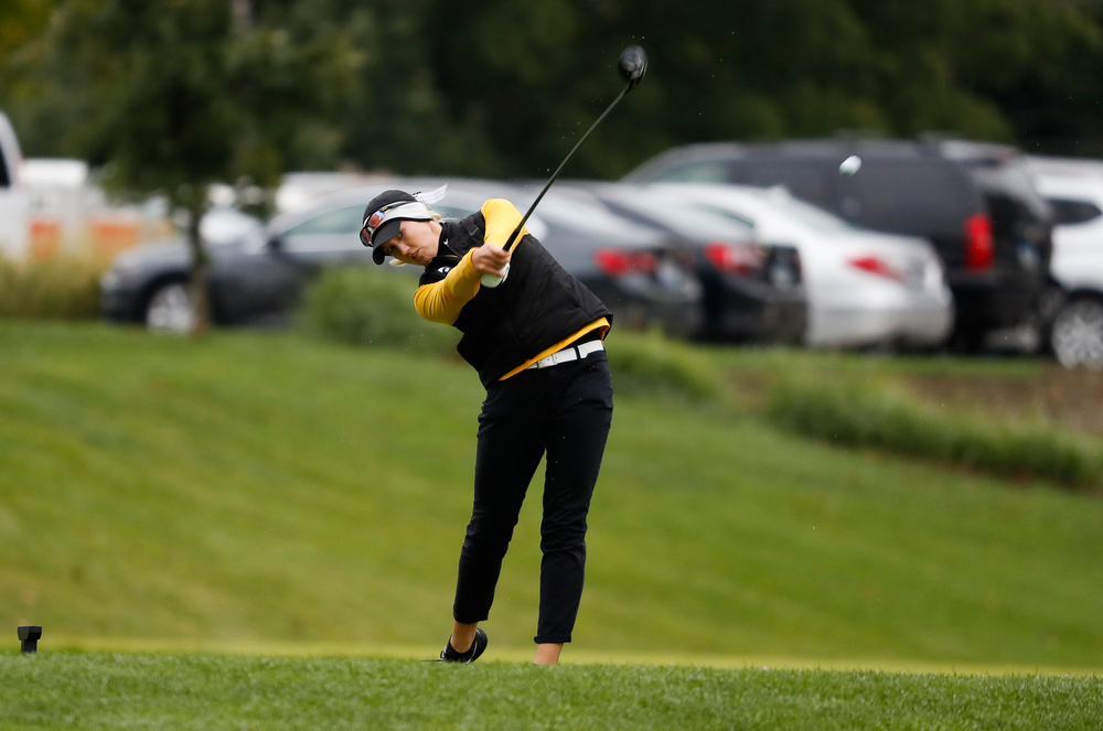Iowa's Shawn Rennegarbe tees off during the Diane Thomason Invitational at Finkbine Golf Course on September 29, 2018. (Tork Mason/hawkeyesports.com)