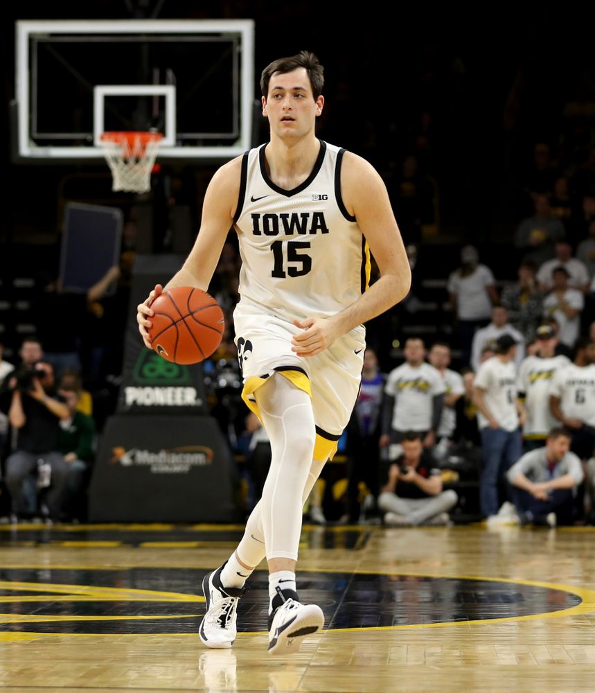 Iowa Hawkeyes forward Ryan Kriener (15) against the Ohio State Buckeyes Thursday, February 20, 2020 at Carver-Hawkeye Arena. (Brian Ray/hawkeyesports.com)