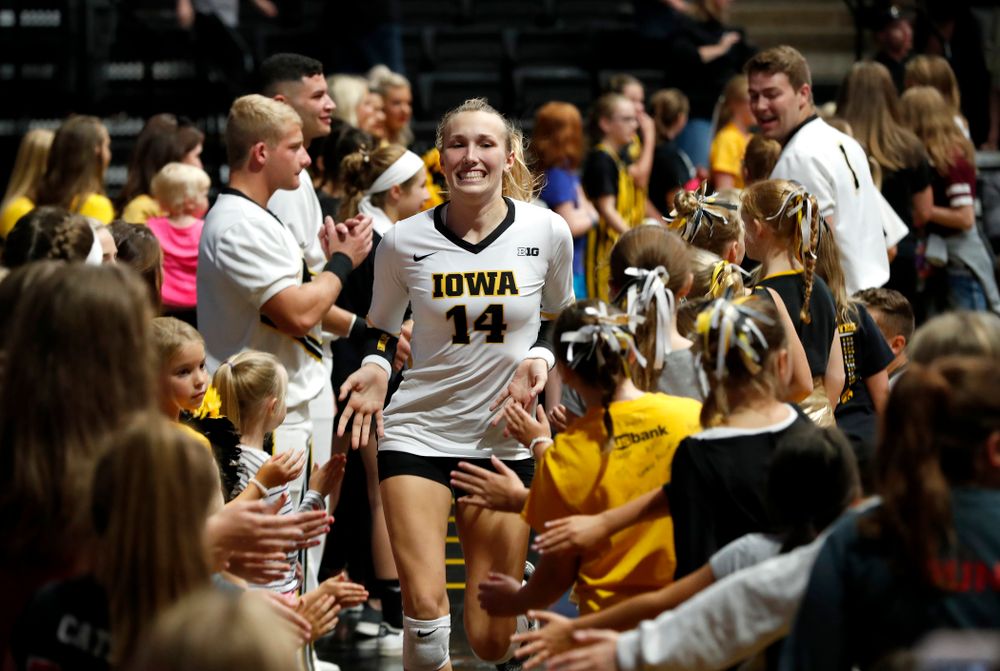 Iowa Hawkeyes outside hitter Cali Hoye (14) against the Michigan Wolverines Sunday, September 23, 2018 at Carver-Hawkeye Arena. (Brian Ray/hawkeyesports.com)