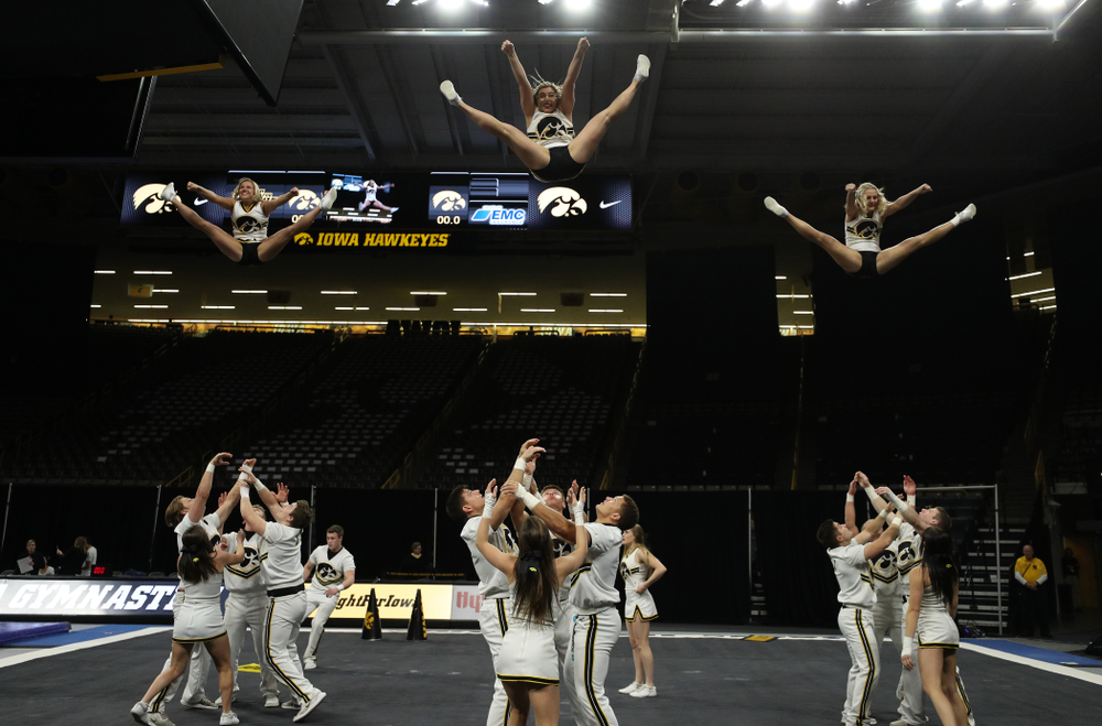 The Iowa Cheerleaders perform before the Iowa Women's Gymnastics meet against Southeast Missouri State Friday, January 11, 2019 at Carver-Hawkeye Arena. (Brian Ray/hawkeyesports.com)