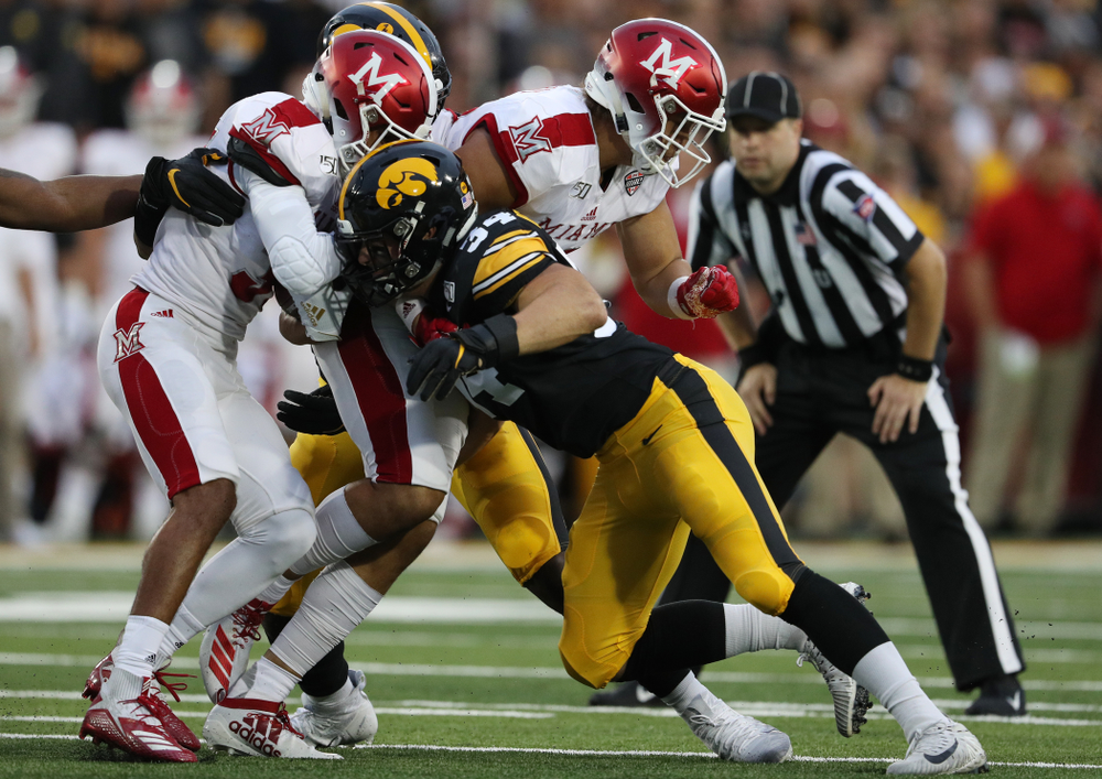 Iowa Hawkeyes linebacker Kristian Welch (34) against the Miami RedHawks Saturday, August 31, 2019 at Kinnick Stadium in Iowa City. (Brian Ray/hawkeyesports.com)