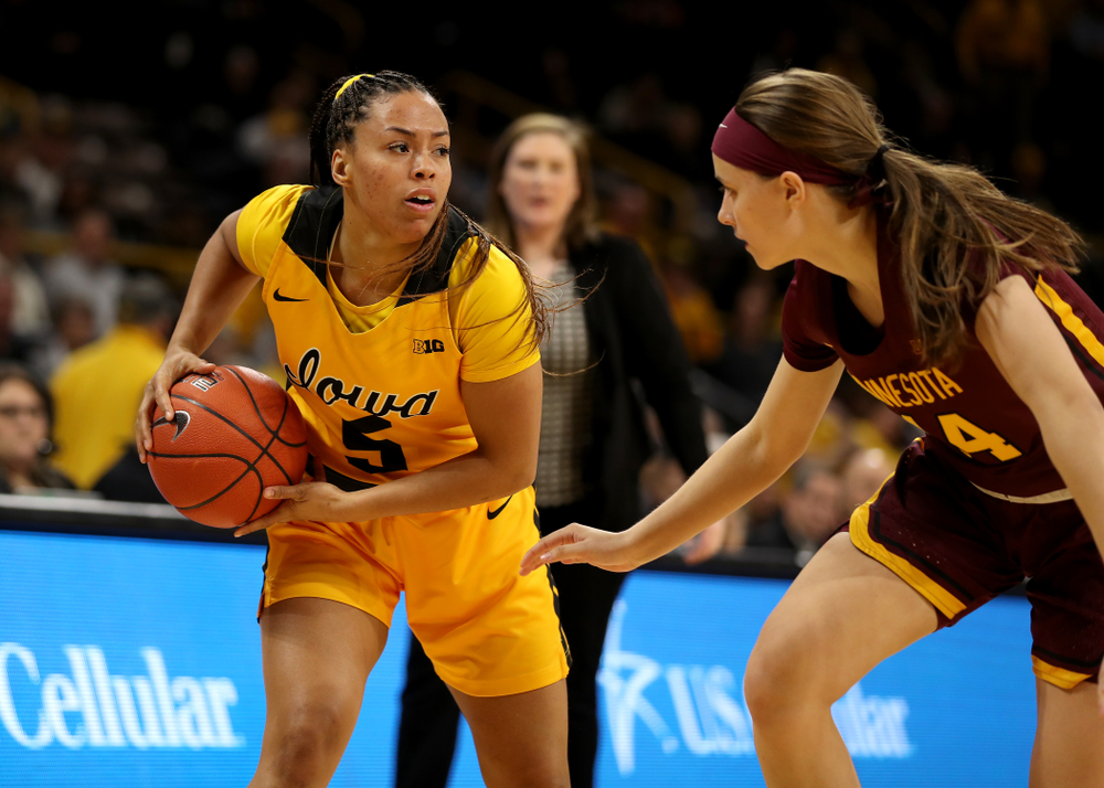 Iowa Hawkeyes guard Alexis Sevillian (5) against the Minnesota Golden Gophers Thursday, February 27, 2020 at Carver-Hawkeye Arena. (Brian Ray/hawkeyesports.com)