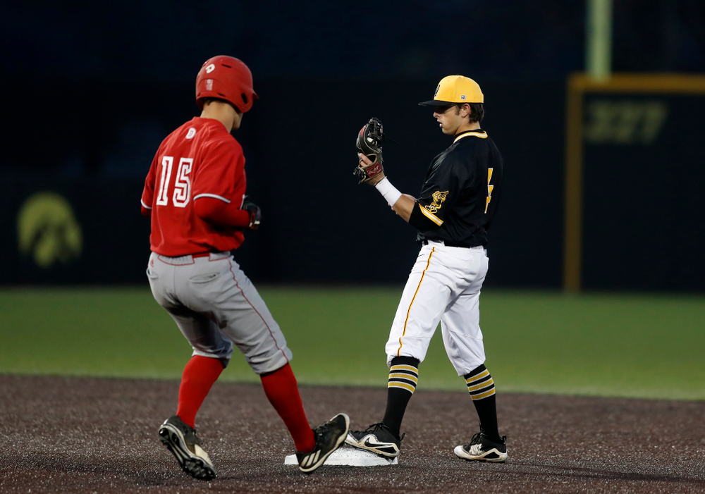 Iowa Hawkeyes infielder Mitchell Boe (4) against the Bradley Braves Wednesday, March 28, 2018 at Duane Banks Field. (Brian Ray/hawkeyesports.com)