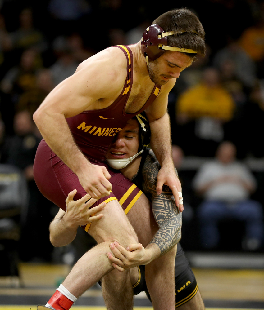 Iowa’s Pat Lugo wrestles Minnesota’s Brayton Lee at 149 pounds Saturday, February 15, 2020 at Carver-Hawkeye Arena. Lugo won the match 3-2. (Brian Ray/hawkeyesports.com)