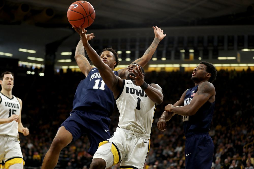 Iowa Hawkeyes guard Joe Toussaint (1) against Penn State Saturday, February 29, 2020 at Carver-Hawkeye Arena. (Brian Ray/hawkeyesports.com)