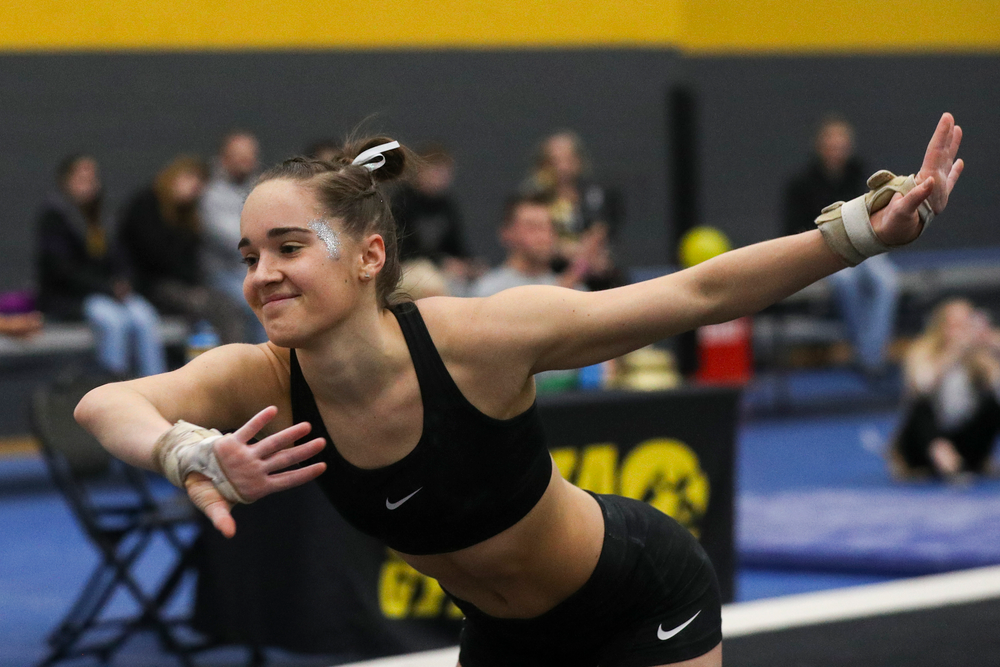 Allie Gilchrist performs a floor routine during the Iowa women’s gymnastics Black and Gold Intraquad Meet on Saturday, December 7, 2019 at the UI Field House. (Lily Smith/hawkeyesports.com)
