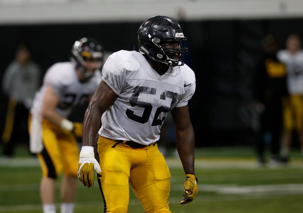 Iowa Hawkeyes linebacker Amani Jones (52) during spring practice No. 13 Wednesday, April 18, 2018 at the Hansen Football Performance Center. (Brian Ray/hawkeyesports.com)