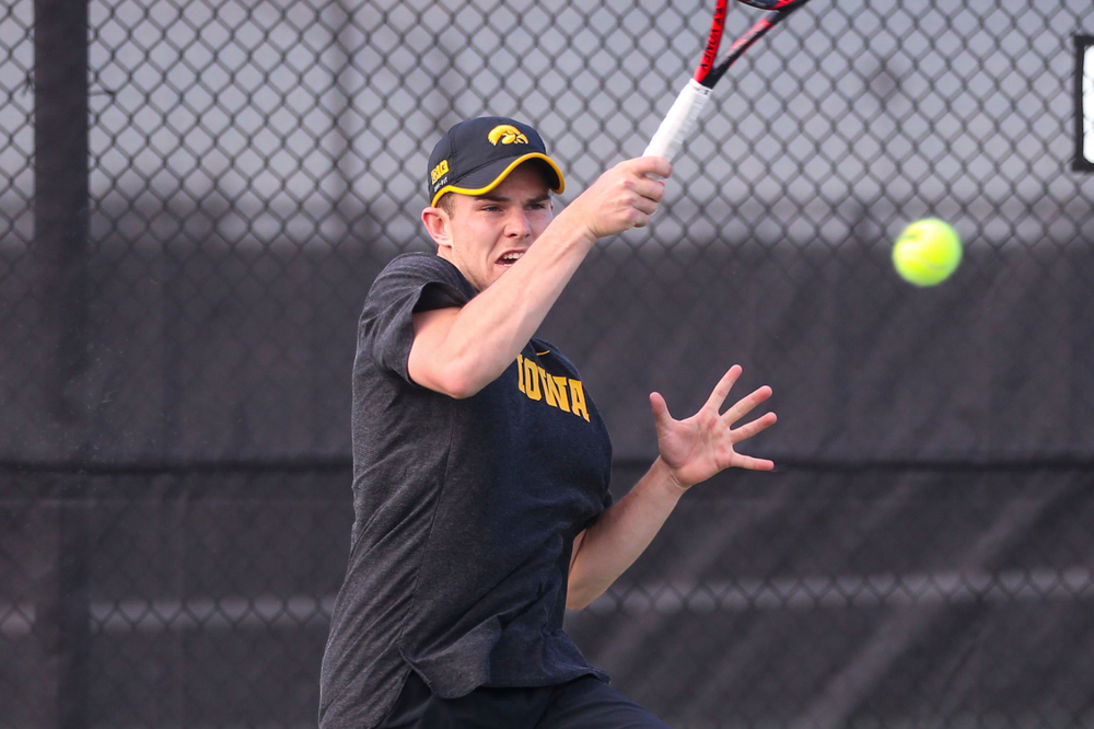 IowaÕs Jonas Larsen at tennis vs Illinois State on Sunday, April 21, 2019 at the Hawkeye Tennis and Recreation Complex. (Lily Smith/hawkeyesports.com)