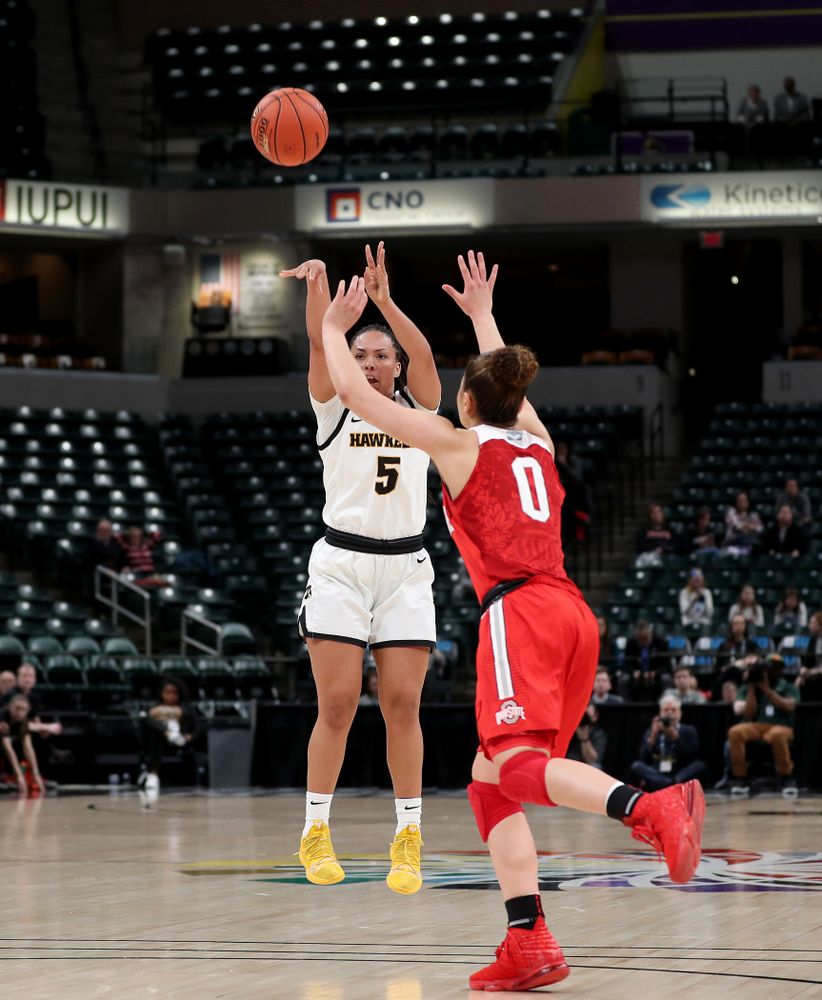 Iowa Hawkeyes guard Alexis Sevillian (5) against Ohio State in the quarterfinals of the Big Ten Basketball Tournament Friday, March 6, 2020 at Bankers Life Fieldhouse in Indianapolis. (Brian Ray/hawkeyesports.com)