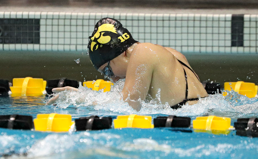 Iowa’s Taylor Hartley swims the breaststroke section of the 100-yard individual medley event during their meet against Michigan State at the Campus Recreation and Wellness Center in Iowa City on Thursday, Oct 3, 2019. (Stephen Mally/hawkeyesports.com)