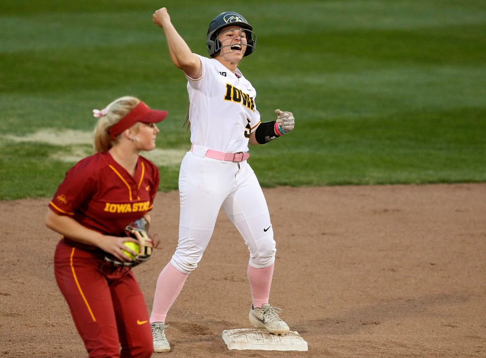 Iowa shortstop Sydney Owens (5) celebrates on second base after hitting a double during the fifth inning of their game against Iowa State at Pearl Field in Iowa City on Tuesday, Apr. 9, 2019. (Stephen Mally/hawkeyesports.com)