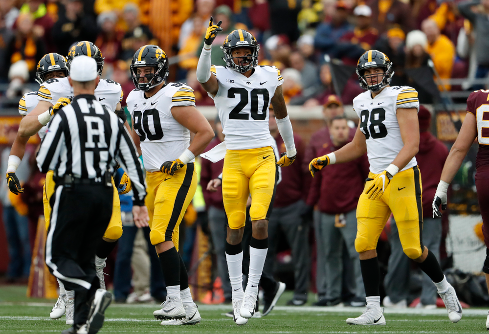 Iowa Hawkeyes defensive back Julius Brents (20) against the Minnesota Golden Gophers Saturday, October 6, 2018 at TCF Bank Stadium. (Brian Ray/hawkeyesports.com)