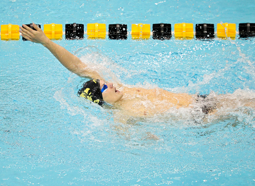 Iowa’s Anze Fers Erzen swims the men’s 200-yard backstroke event during their meet against Michigan State and Northern Iowa at the Campus Recreation and Wellness Center in Iowa City on Friday, Oct 4, 2019. (Stephen Mally/hawkeyesports.com)