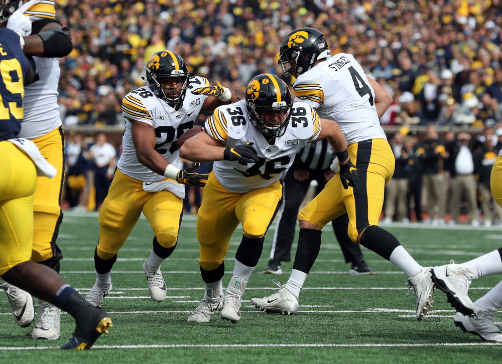 Iowa Hawkeyes fullback Brady Ross (36) and running back Toren Young (28) against the Michigan Wolverines Saturday, October 5, 2019 at Michigan Stadium in Ann Arbor, MI. (Brian Ray/hawkeyesports.com)