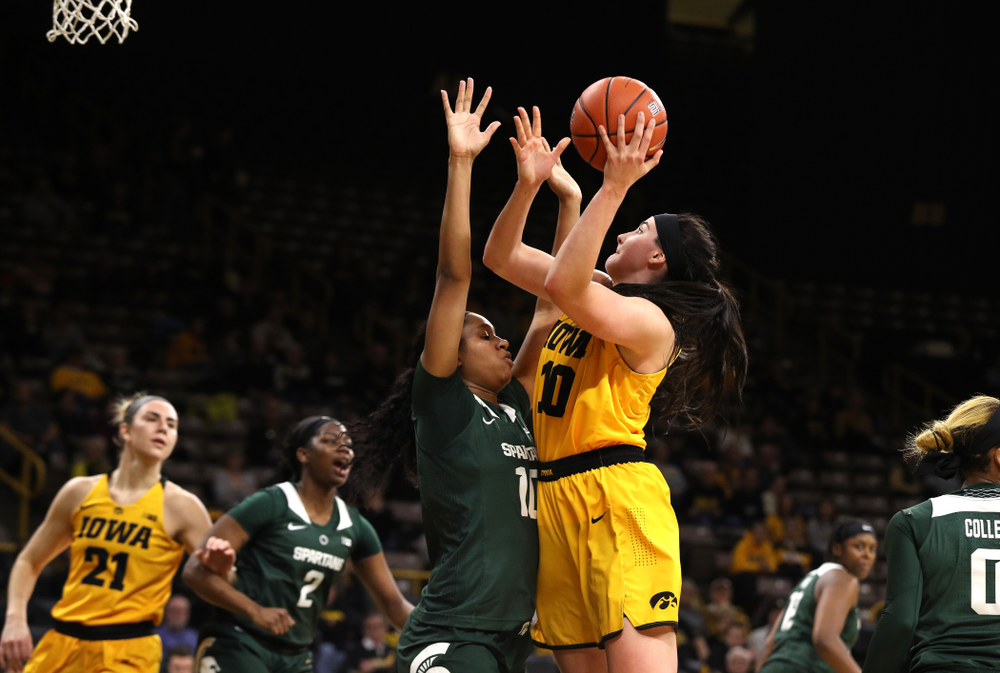 Iowa Hawkeyes forward Megan Gustafson (10) against the Michigan State Spartans Thursday, February 7, 2019 at Carver-Hawkeye Arena. (Brian Ray/hawkeyesports.com)