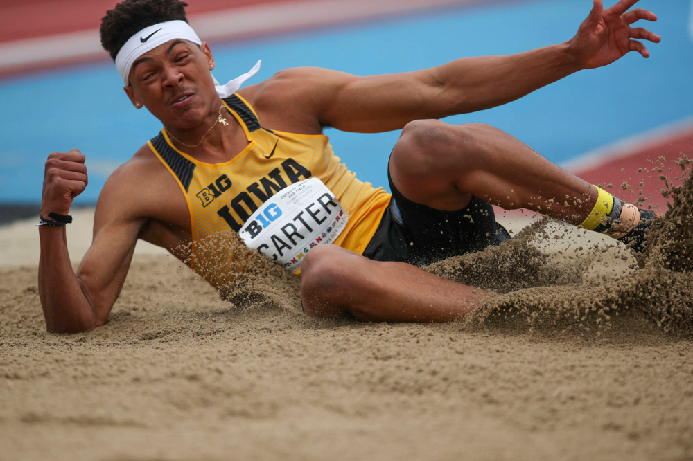 Iowa's James Carter during men's triple jump at Big Ten Outdoor Track and Field Championships at Francis X. Cretzmeyer Track on Sunday, May 12, 2019. (Lily Smith/hawkeyesports.com)