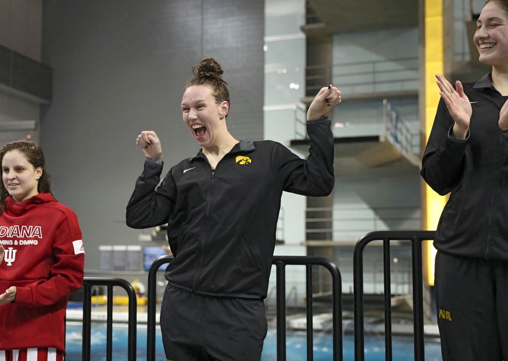 Iowa’s Allyssa Fluit on the awards stand after swimming the women’s 200 yard freestyle final event during the 2020 Women’s Big Ten Swimming and Diving Championships at the Campus Recreation and Wellness Center in Iowa City on Friday, February 21, 2020. (Stephen Mally/hawkeyesports.com)