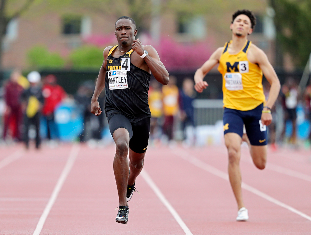 Iowa's Karayme Bartley runs the men’s 400 meter dash event on the second day of the Big Ten Outdoor Track and Field Championships at Francis X. Cretzmeyer Track in Iowa City on Saturday, May. 11, 2019. (Stephen Mally/hawkeyesports.com)