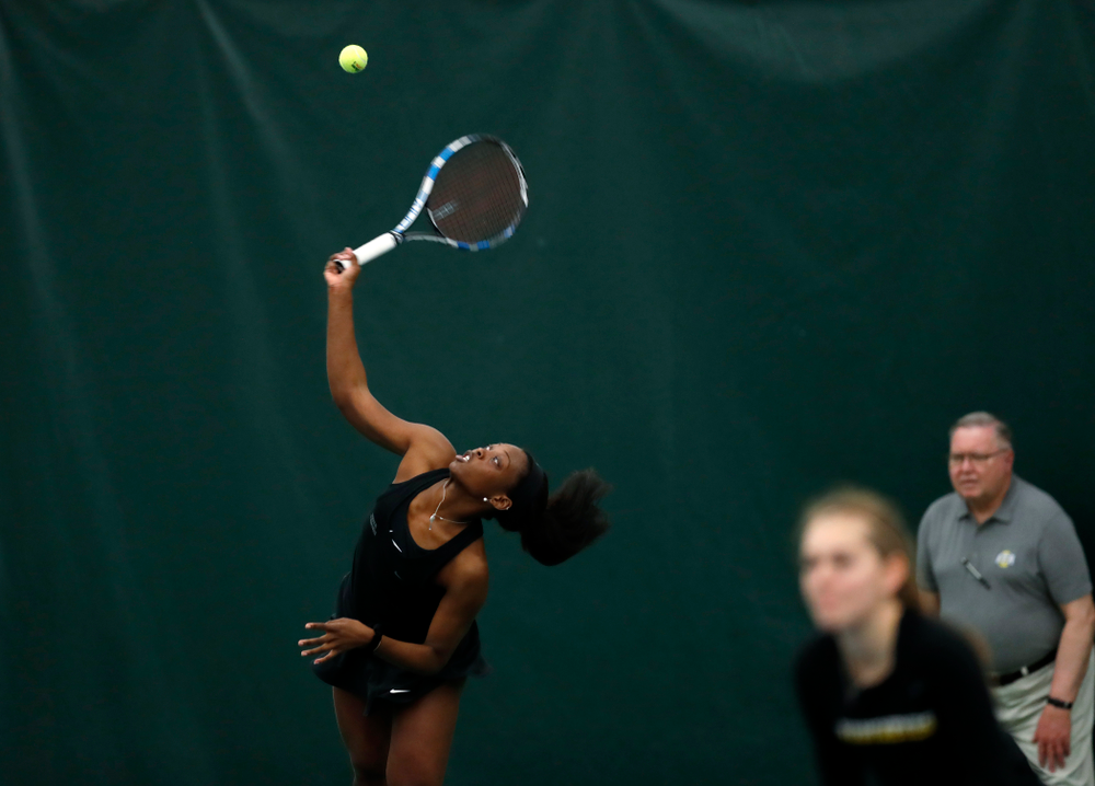 Adorable Huckleby and Zoe Douglas play a doubles match against Ohio State Sunday, March 25, 2018 at the Hawkeye Tennis and Recreation Center. (Brian Ray/hawkeyesports.com)
