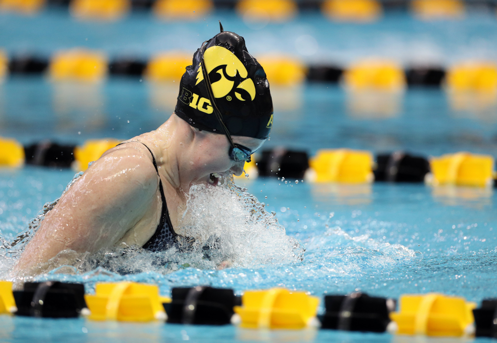 IowaÕs Paige Hanley swims the 100 yard breaststroke against the Michigan Wolverines Friday, November 1, 2019 at the Campus Recreation and Wellness Center. (Brian Ray/hawkeyesports.com)