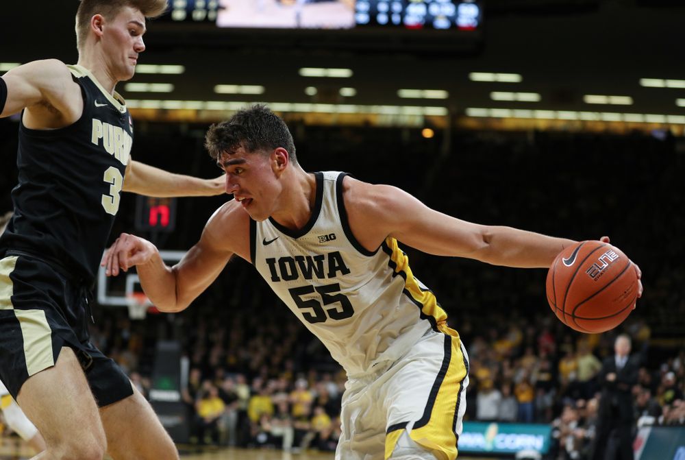 Iowa Hawkeyes forward Luka Garza (55) against the Purdue Boilermakers Tuesday, March 3, 2020 at Carver-Hawkeye Arena. (Brian Ray/hawkeyesports.com)
