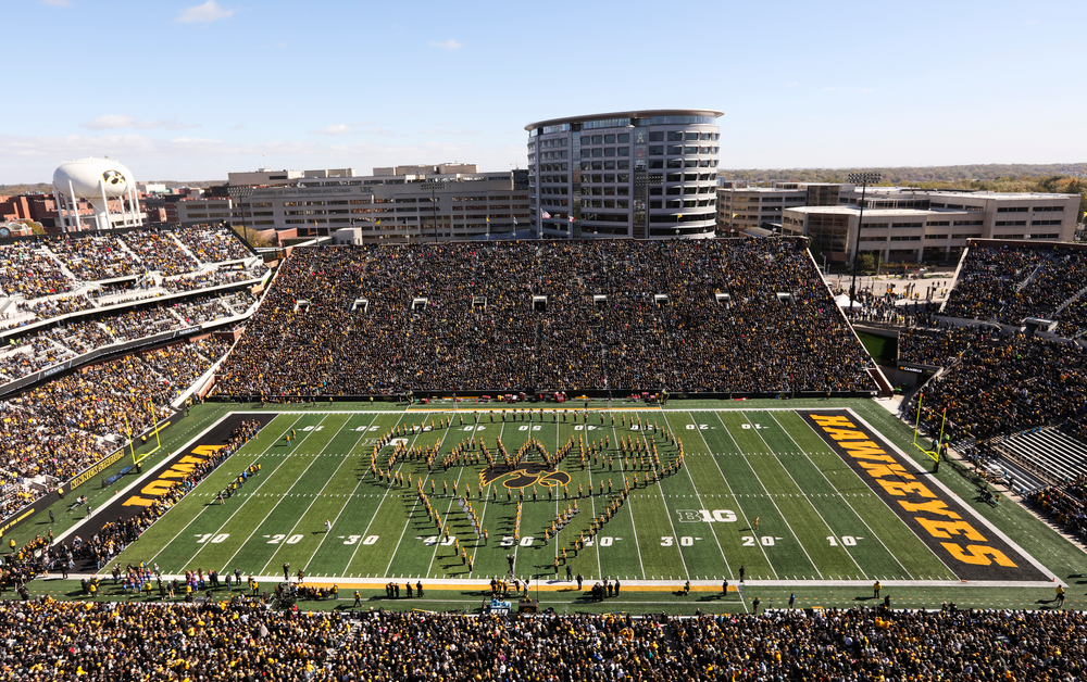 The Iowa Hawkeye Marching Band performs at halftime during a game against Maryland at Kinnick Stadium on October 20, 2018. (Tork Mason/hawkeyesports.com)