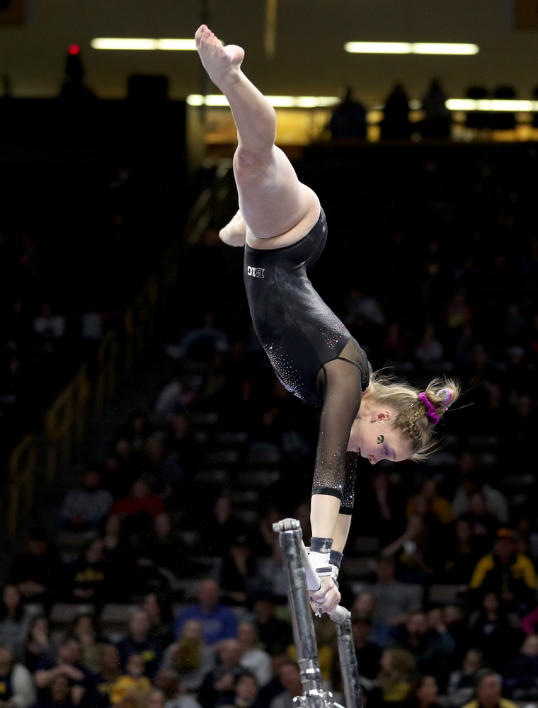 Iowa’s Allyson Steffensmeier competes on the bars against Michigan Friday, February 14, 2020 at Carver-Hawkeye Arena. (Brian Ray/hawkeyesports.com)