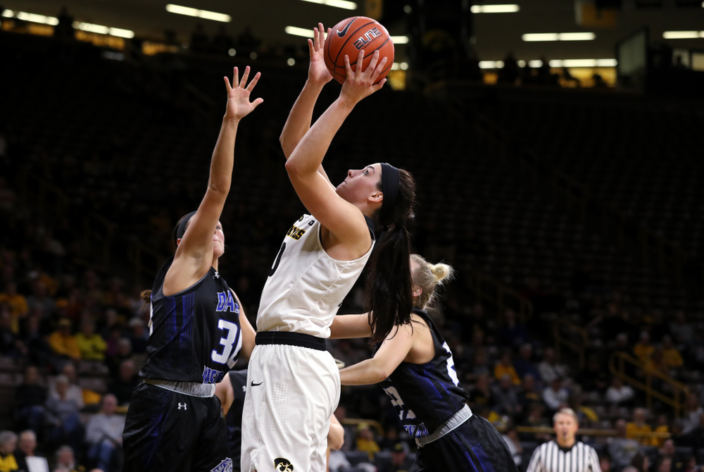 Iowa Hawkeyes forward Megan Gustafson (10) against Dakota Wesleyan University Tuesday, November 6, 2018 at Carver-Hawkeye Arena. (Brian Ray/hawkeyesports.com)