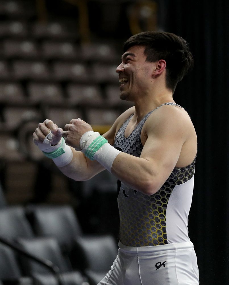Iowa’s Brandon Wong competes on the rings against Illinois Sunday, March 1, 2020 at Carver-Hawkeye Arena. (Brian Ray/hawkeyesports.com)