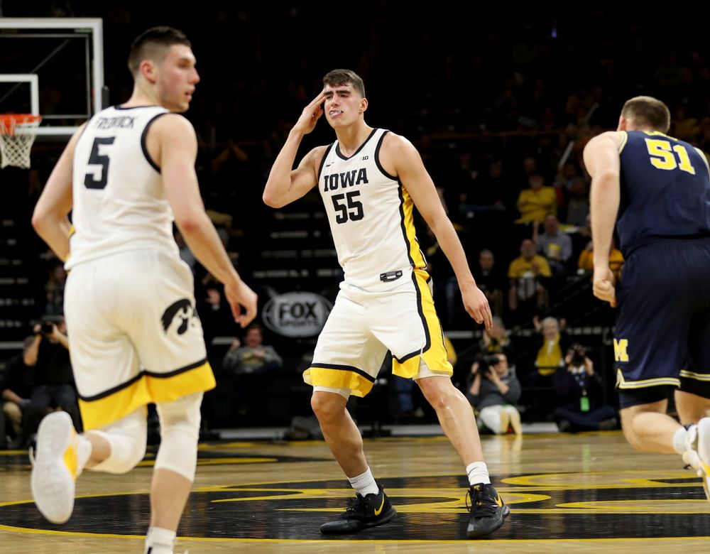 Iowa Hawkeyes forward Luka Garza (55) against the Michigan Wolverines Friday, January 17, 2020 at Carver-Hawkeye Arena. (Brian Ray/hawkeyesports.com)