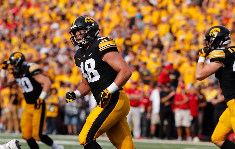 Iowa Hawkeyes linebacker Jack Hockaday (48) against the Northern Illinois Huskies Saturday, September 1, 2018 at Kinnick Stadium. (Brian Ray/hawkeyesports.com)