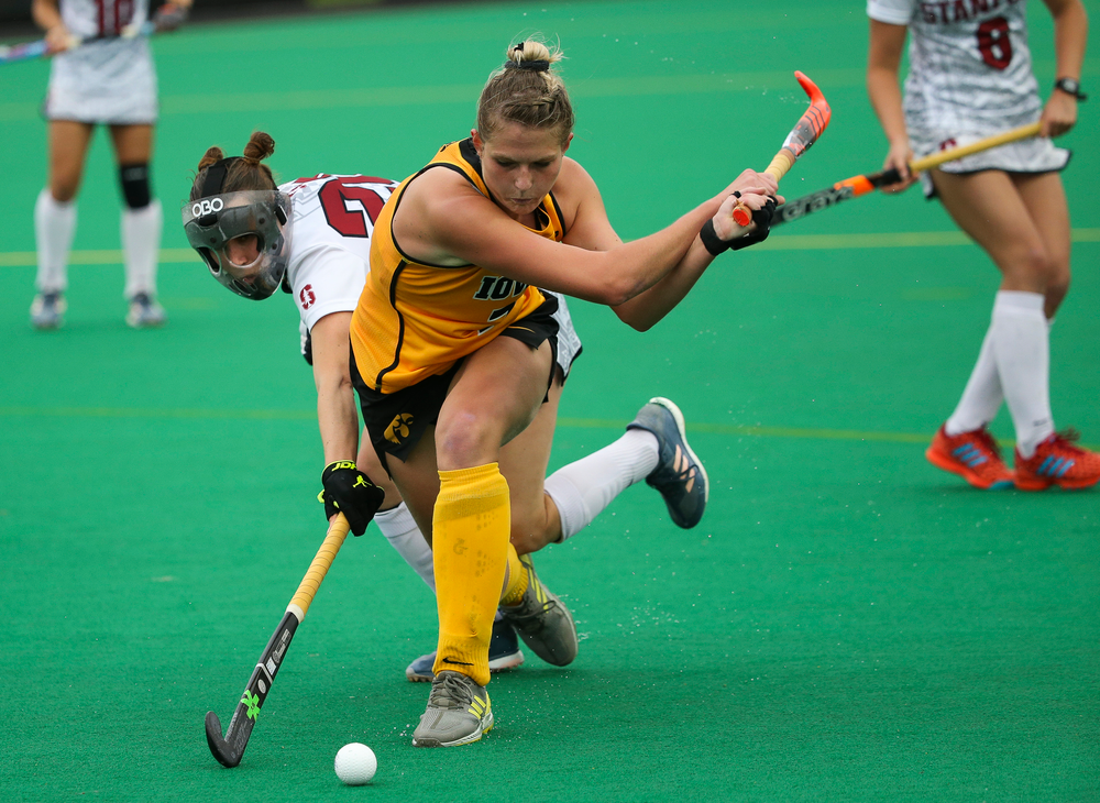 Iowa Hawkeyes midfielder Ellie Holley (7) takes a shot during a game against Stanford at Grant Field on October 7, 2018. (Tork Mason/hawkeyesports.com)