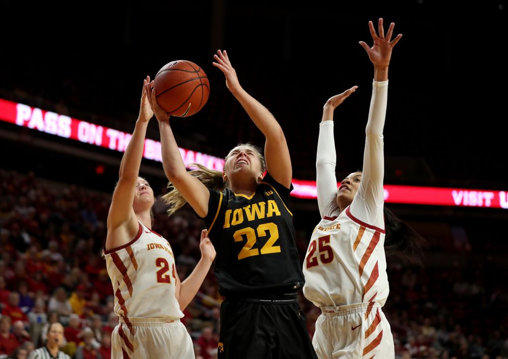 Iowa Hawkeyes guard Kathleen Doyle (22) against the Iowa State Cyclones Wednesday, December 11, 2019 at Hilton Coliseum in Ames, Iowa(Brian Ray/hawkeyesports.com)
