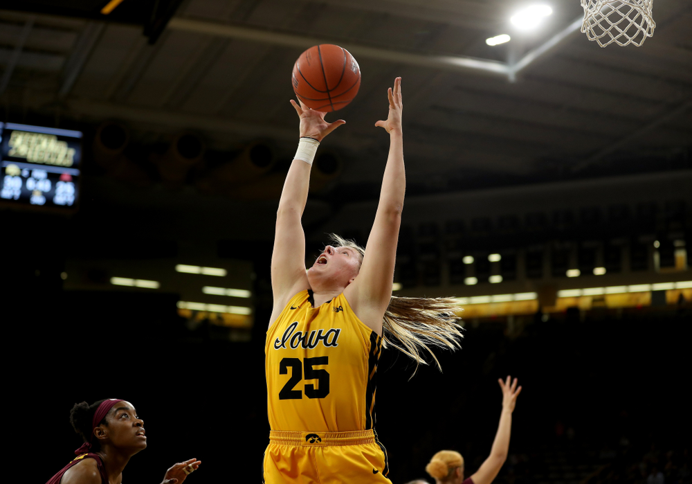 Iowa Hawkeyes forward/center Monika Czinano (25) against the Minnesota Golden Gophers Thursday, February 27, 2020 at Carver-Hawkeye Arena. (Brian Ray/hawkeyesports.com)