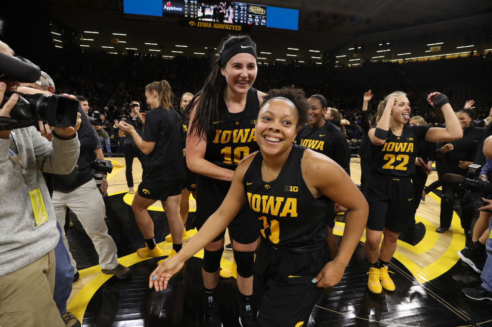 Iowa Hawkeyes guard Kathleen Doyle (22) and Iowa Hawkeyes guard Tania Davis (11)
against the Iowa State Cyclones in the Iowa Corn Cy-Hawk Series Wednesday, December 5, 2018 at Carver-Hawkeye Arena. (Brian Ray/hawkeyesports.com)