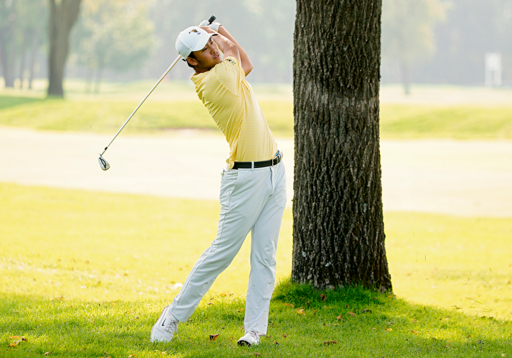 Iowa’s Joe Kim drives a shot during the third day of the Golfweek Conference Challenge at the Cedar Rapids Country Club in Cedar Rapids on Tuesday, Sep 17, 2019. (Stephen Mally/hawkeyesports.com)