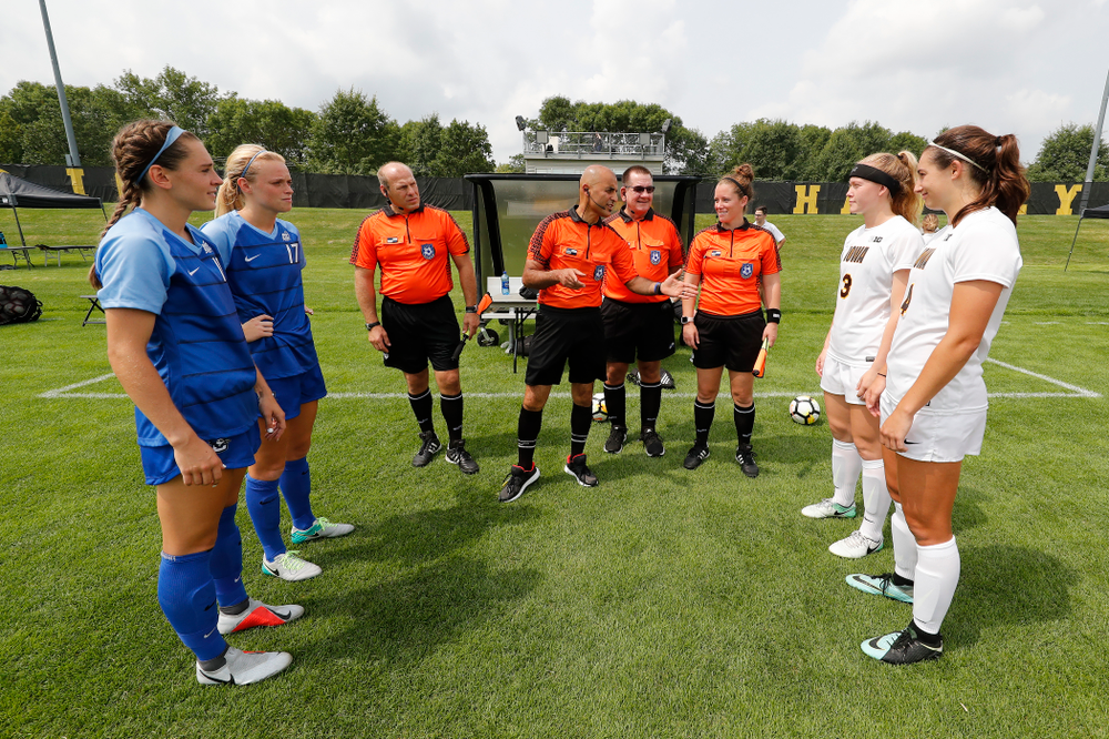 Iowa Hawkeyes Kaleigh Haus (4) and Morgan Kemmerling (3) against the Creighton Bluejays Sunday, August 19, 2018 at the Iowa Soccer Complex. (Brian Ray/hawkeyesports.com)