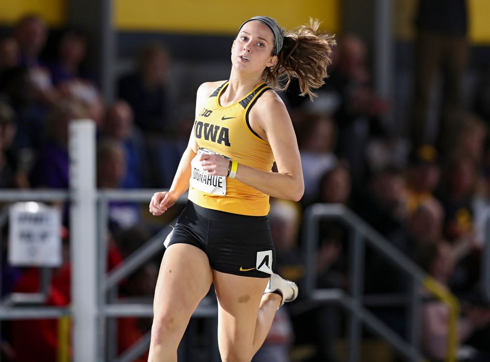 Iowa’s Carly Donahue runs the women’s 400 meter dash event at the Black and Gold Invite at the Recreation Building in Iowa City on Saturday, February 1, 2020. (Stephen Mally/hawkeyesports.com)