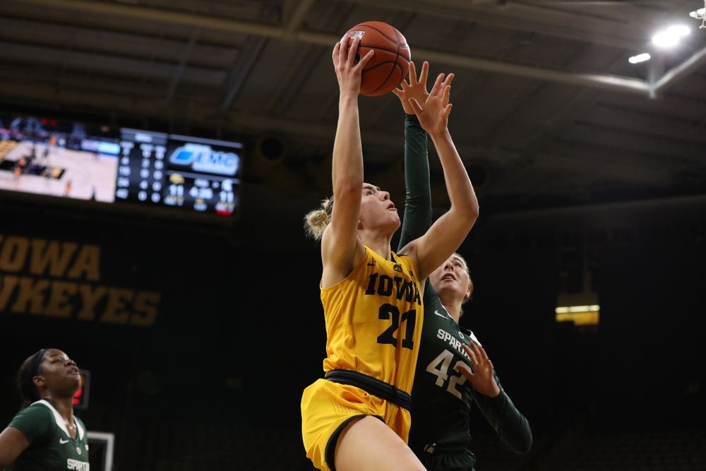 Iowa Hawkeyes forward Hannah Stewart (21) against the Michigan State Spartans Thursday, February 7, 2019 at Carver-Hawkeye Arena. (Brian Ray/hawkeyesports.com)
