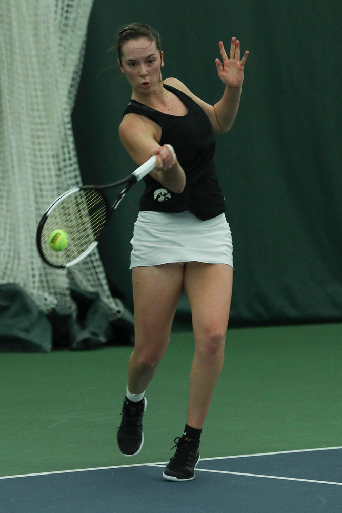 Iowa’s Samantha Mannix returns a hit during the Iowa women’s tennis meet vs DePaul on Friday, February 21, 2020 at the Hawkeye Tennis and Recreation Complex. (Lily Smith/hawkeyesports.com)