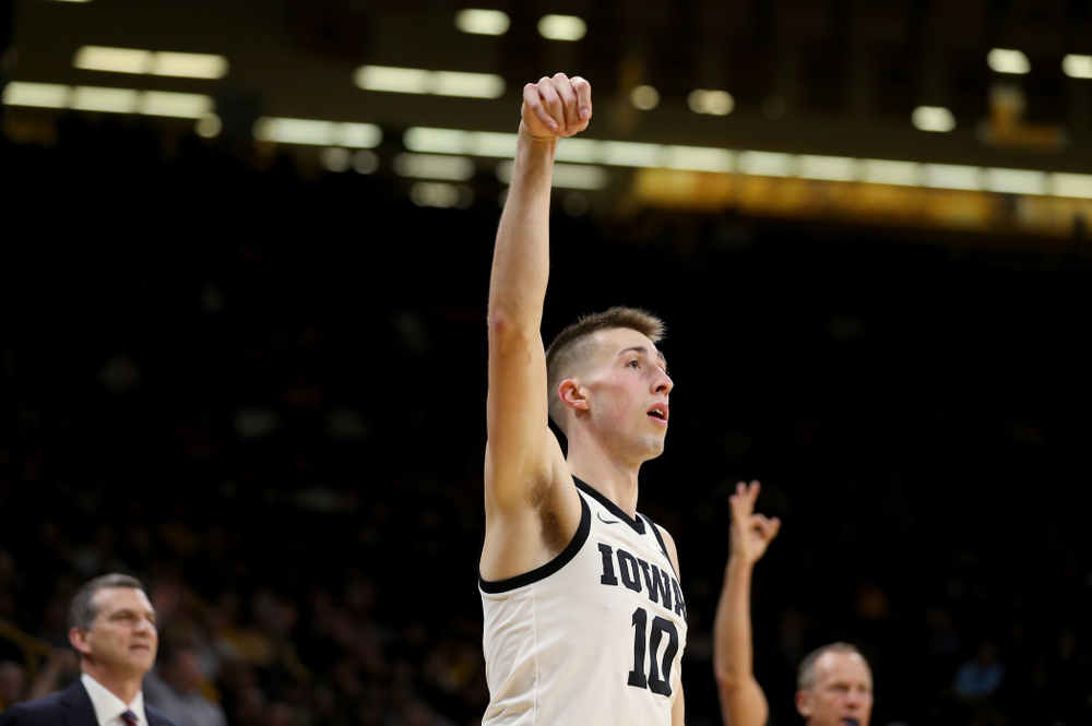Iowa Hawkeyes guard Joe Wieskamp (10) celebrates a three point basket against the Maryland Terrapins Friday, January 10, 2020 at Carver-Hawkeye Arena. (Brian Ray/hawkeyesports.com)