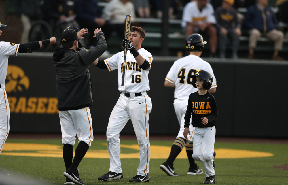 Iowa Hawkeyes Tanner Wetrich (16) and Gavin Gorzelanny against the Michigan State Spartans Friday, May 10, 2019 at Duane Banks Field. (Brian Ray/hawkeyesports.com)