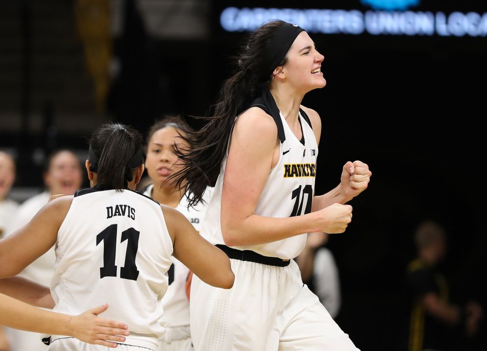 Iowa Hawkeyes forward Megan Gustafson (10) celebrates following a play against the Nebraska Cornhuskers Thursday, January 3, 2019 at Carver-Hawkeye Arena. (Brian Ray/hawkeyesports.com)