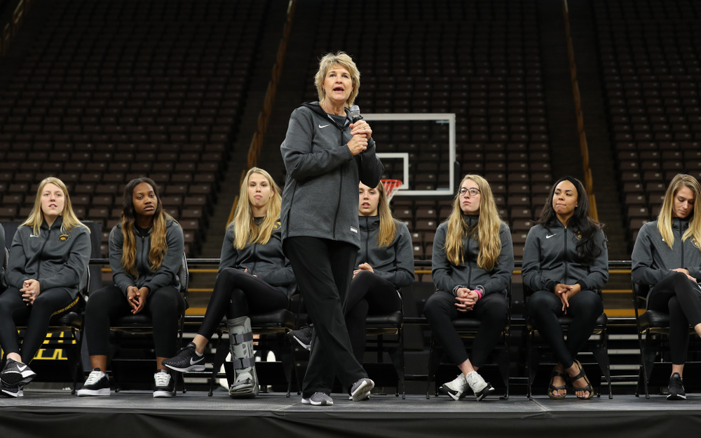 Iowa Hawkeyes head coach Lisa Bluder addressed the crowd during the teamÕs Celebr-Eight event Wednesday, April 24, 2019 at Carver-Hawkeye Arena. (Brian Ray/hawkeyesports.com)