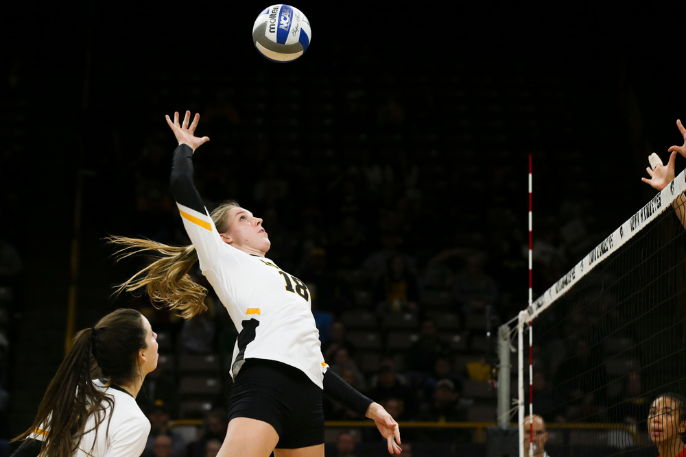 Iowa Hawkeyes middle blocker Hannah Clayton (18) during Iowa volleyball vs Maryland on Saturday, November 30, 2019 at Carver-Hawkeye Arena. (Lily Smith/hawkeyesports.com)