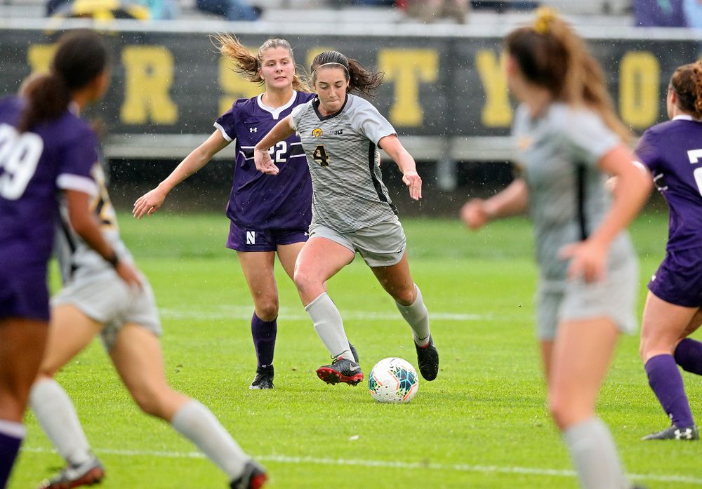 Iowa forward Kaleigh Haus (4) moves with the ball during the second half of their match at the Iowa Soccer Complex in Iowa City on Sunday, Sep 29, 2019. (Stephen Mally/hawkeyesports.com)