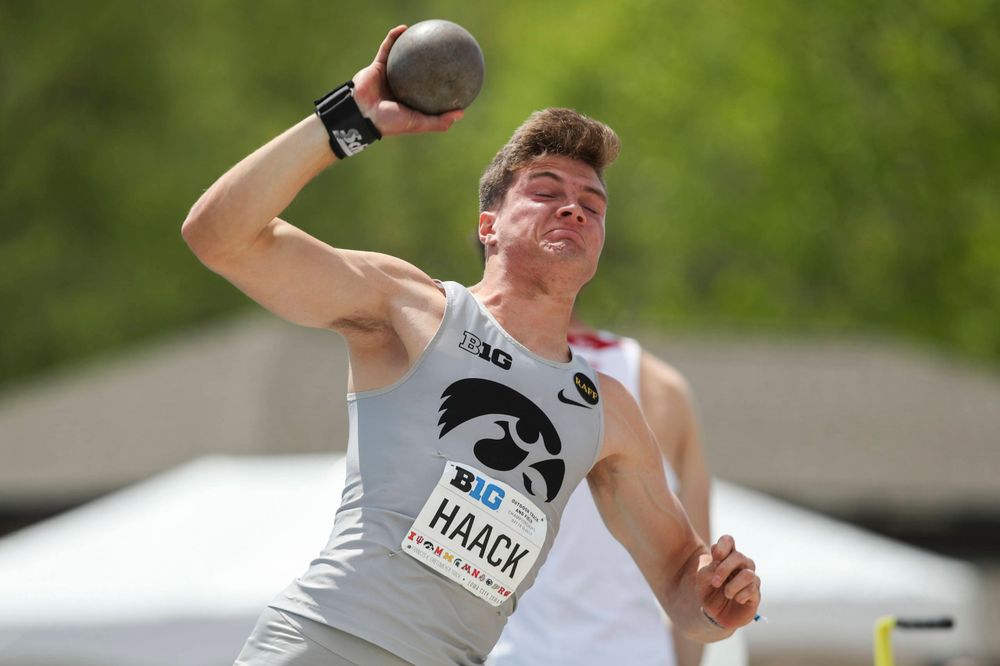 Iowa's Peyton Haack during the men's shot put at the Big Ten Outdoor Track and Field Championships at Francis X. Cretzmeyer Track on Friday, May 10, 2019. (Lily Smith/hawkeyesports.com)